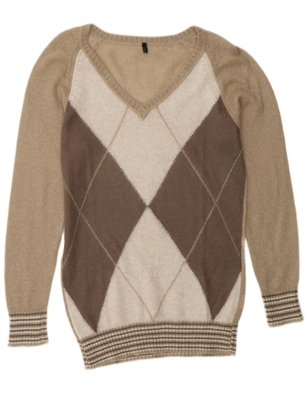 Sweter damski Benetton z dekoltem w kształcie litery V, UK 14, średni beż, argyle/diament