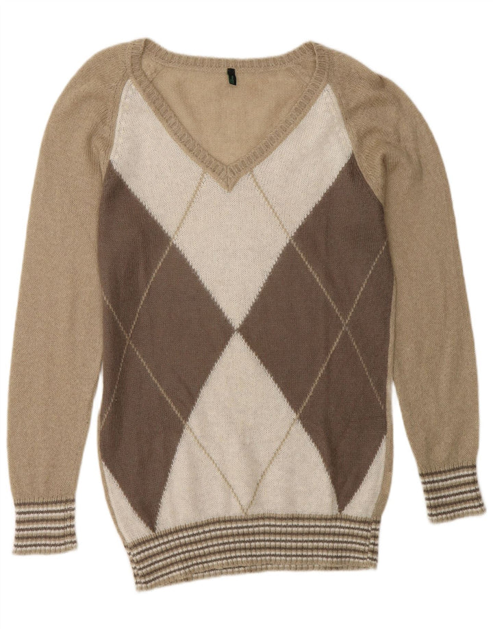 Sweter damski Benetton z dekoltem w kształcie litery V, UK 14, średni beż, argyle/diament