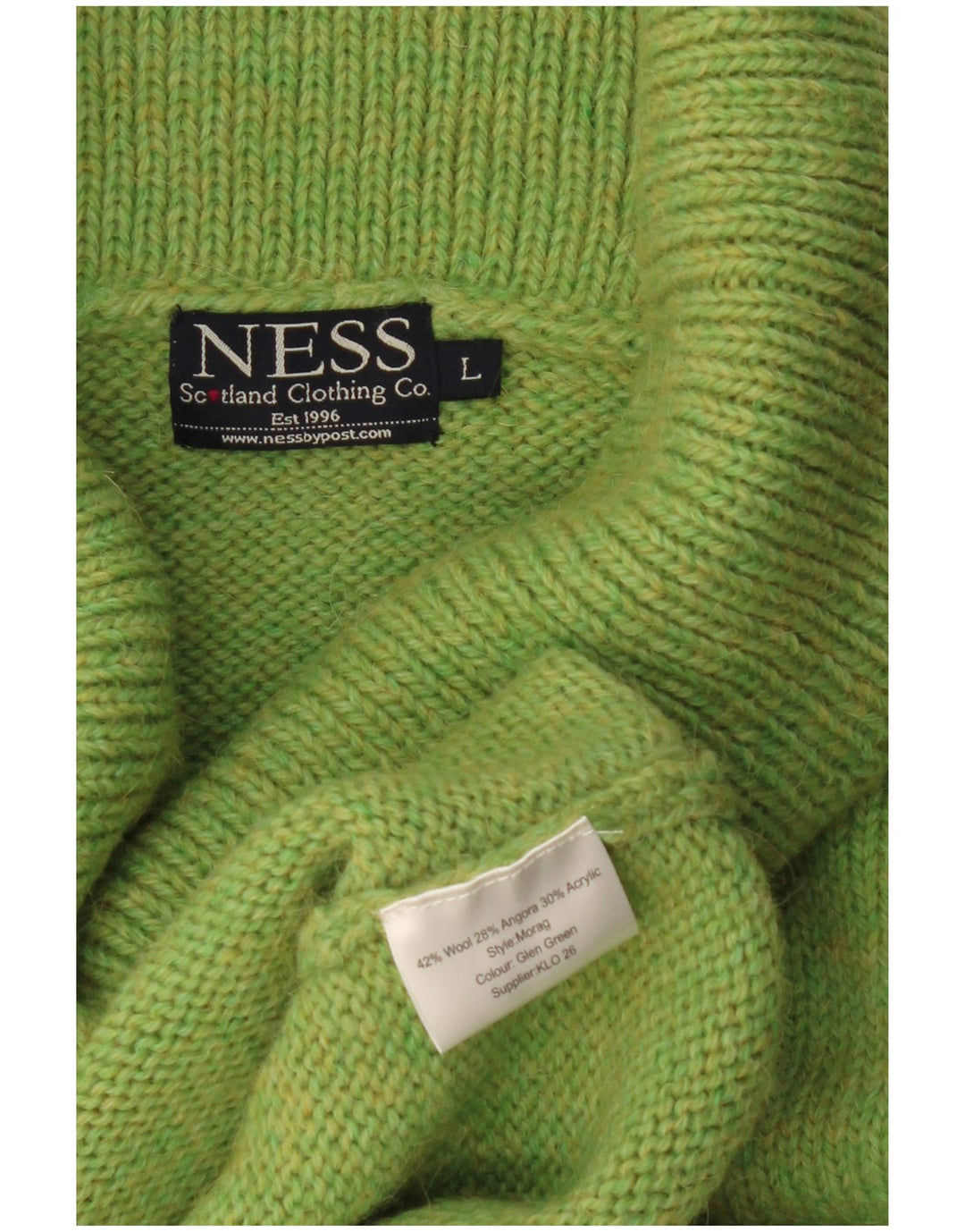 Damski sweter z golfem Ness UK 14, duży, zielony, wełniany