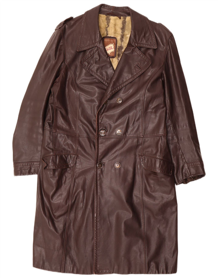 Vintage męski wojskowy skórzany dwurzędowy płaszcz UK 36 Small Brown