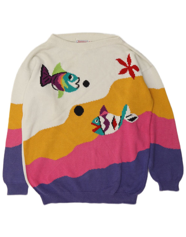 Sweter damski w stylu vintage z dekoltem w łódkę, EU 46/48 XL, biały, blok kolorów