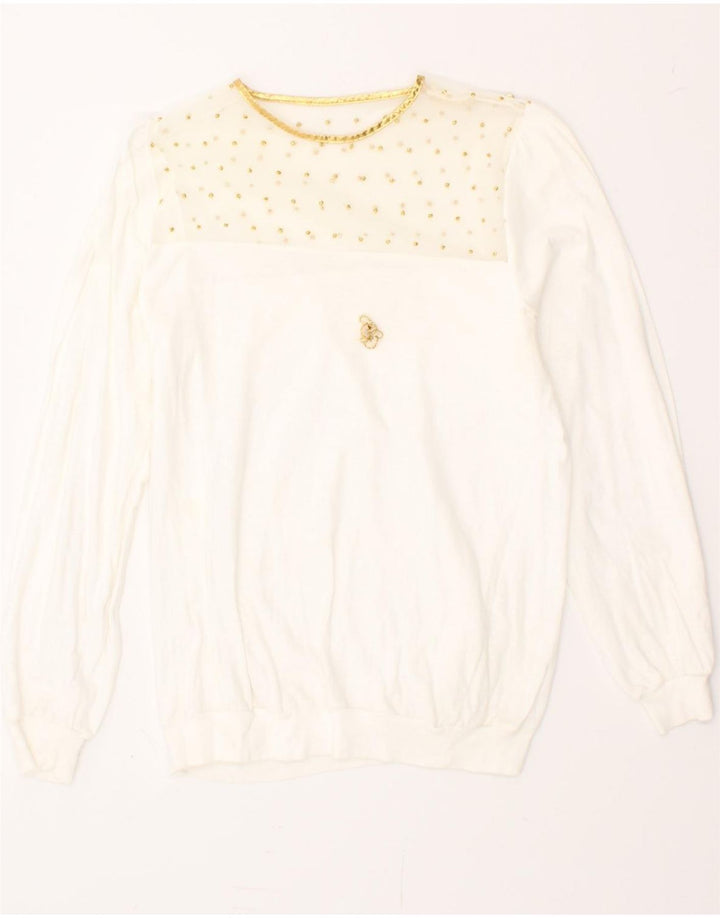VINTAGE Womens Top Long Sleeve UK 10 Small White Spotted Vintage Vintage and Second-Hand Vintage from Messina Hembry 
