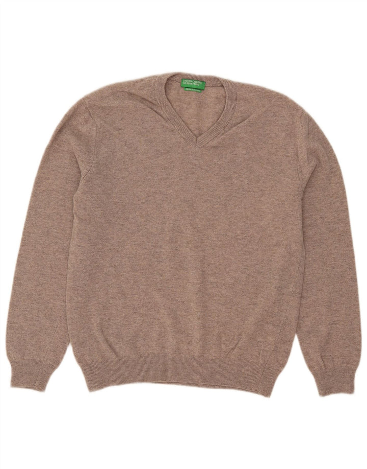 Męski sweter z dekoltem w kształcie litery V, Benetton, mały, beżowy, wełniany