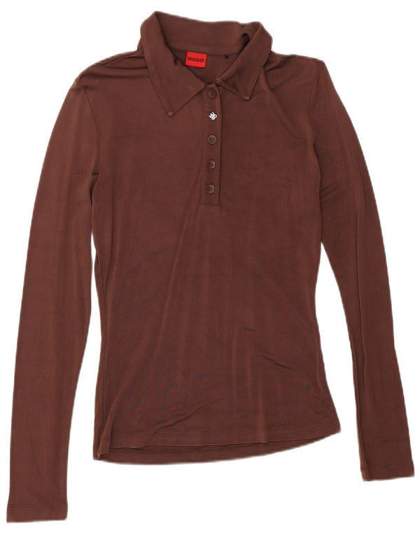 Damska koszulka polo z długim rękawem Hugo Boss UK 10 Small Brown Wiskoza