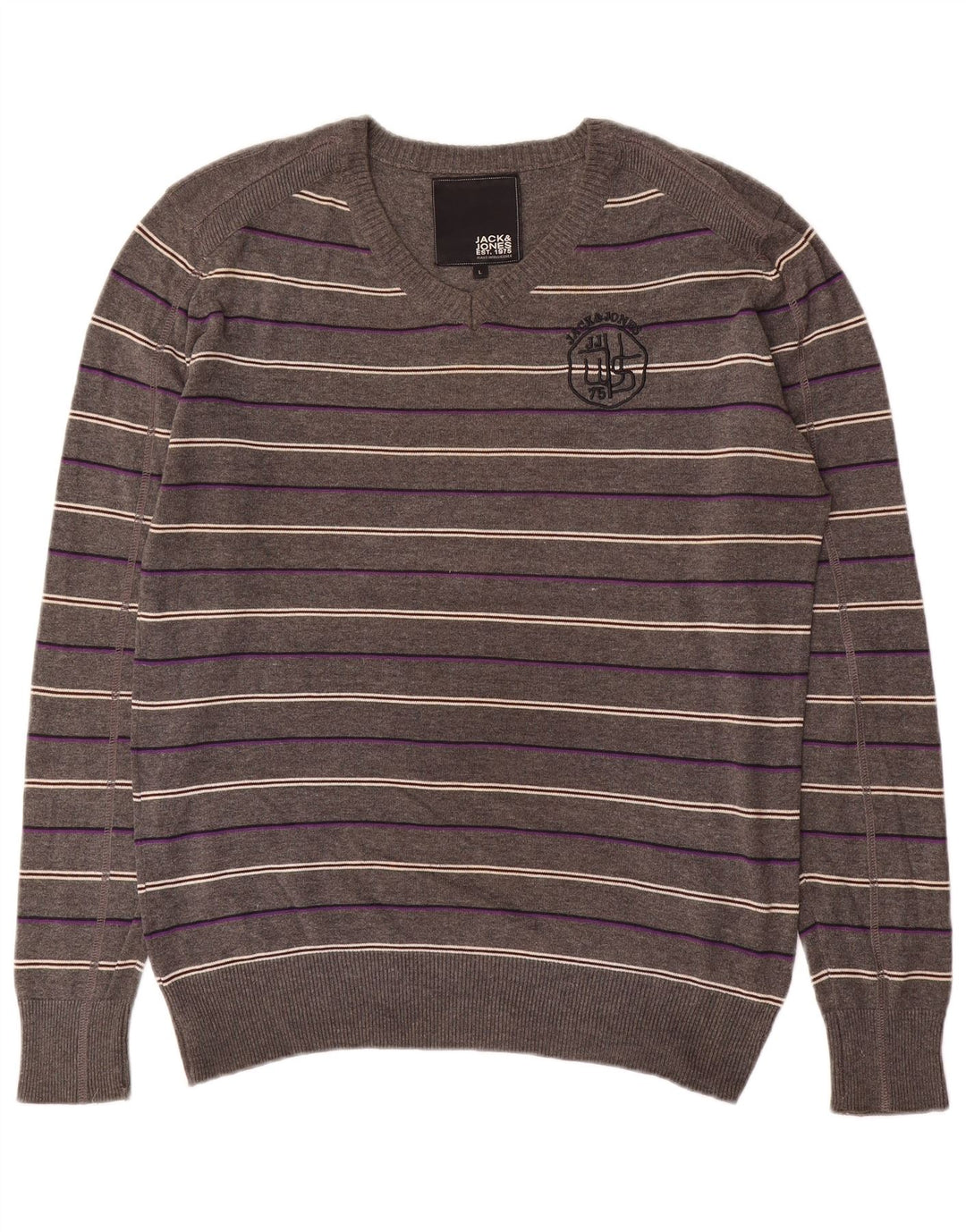Męski sweter Jack & Jones z graficznym dekoltem w kształcie litery V, w duże szare paski