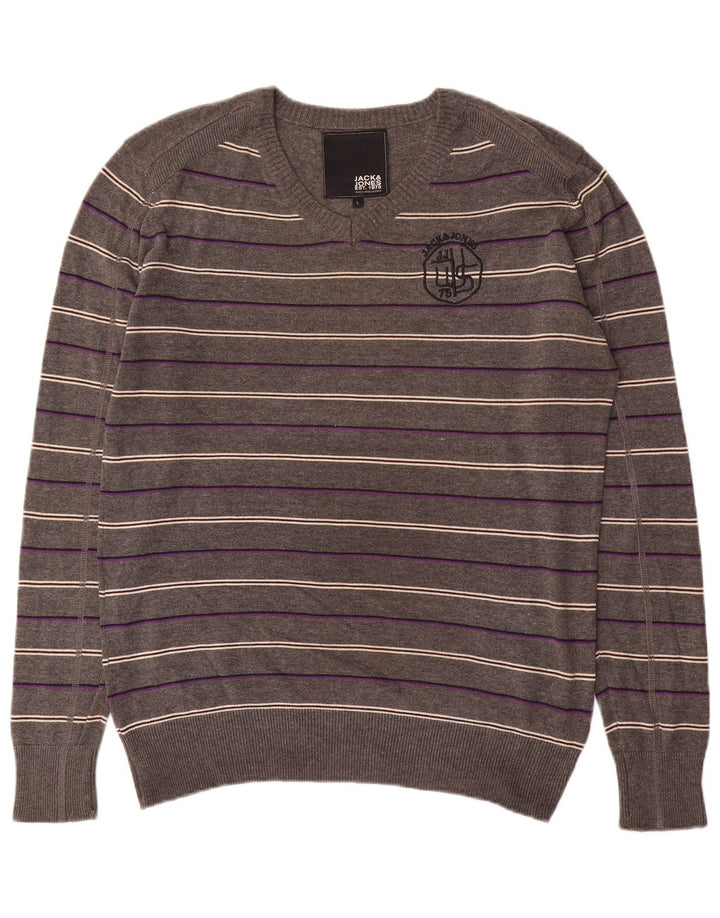 Męski sweter Jack & Jones z graficznym dekoltem w kształcie litery V, w duże szare paski
