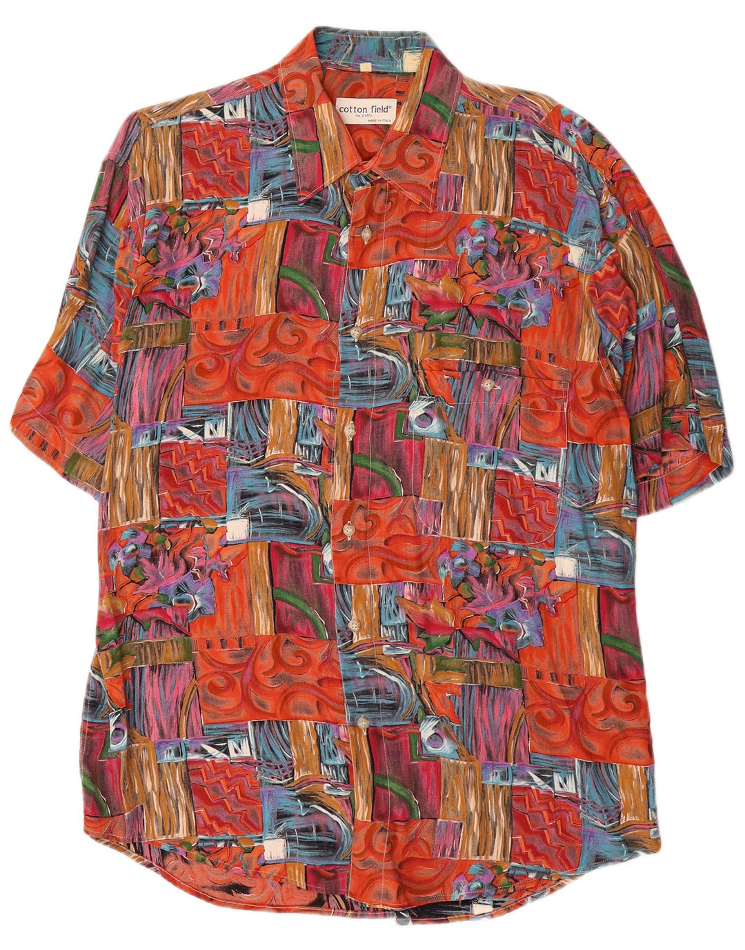 Koszula męska z krótkim rękawem w stylu vintage, średni czerwony patchwork