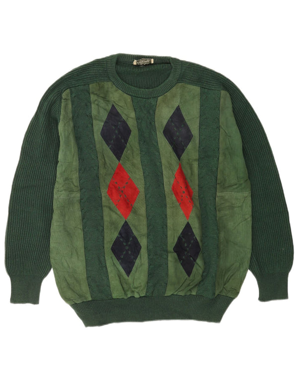 Vintage męski sweter z okrągłym dekoltem IT 52, duży zielony Argyle/diament
