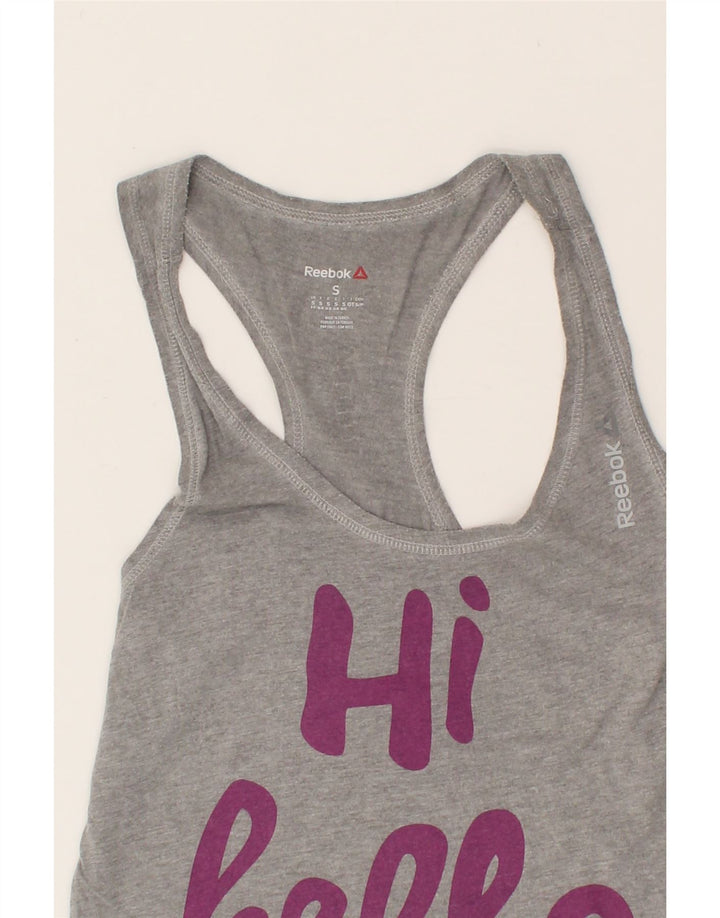 REEBOK Womens Graphic Vest Top UK 8 Small Grey Cotton Vintage Reebok and Second-Hand Reebok from Messina Hembry 