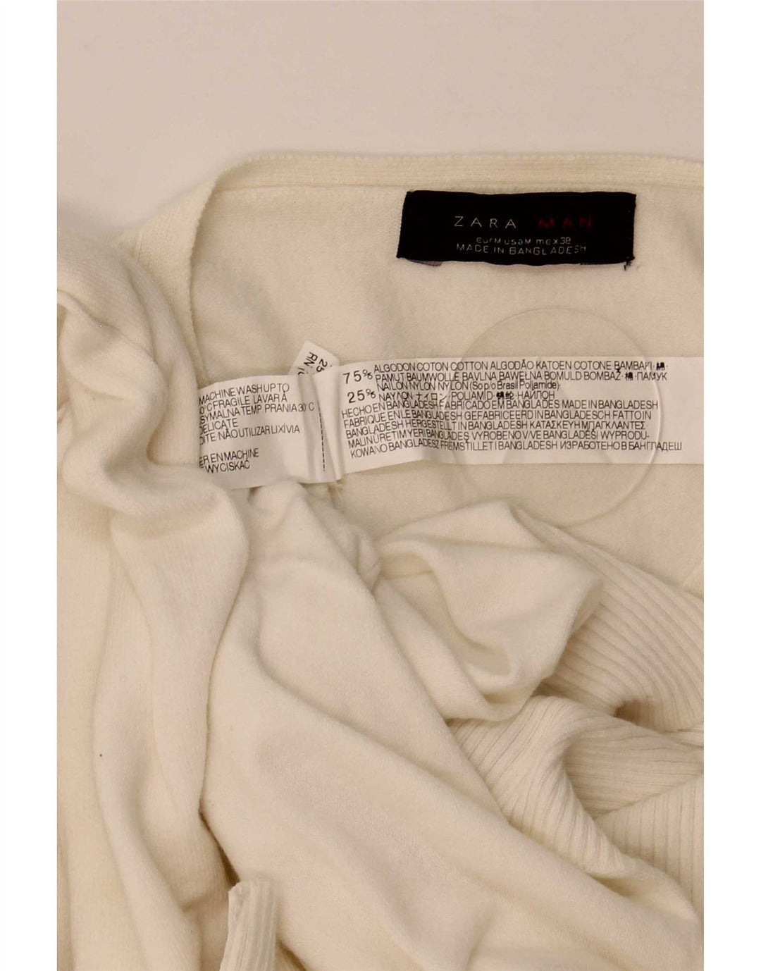 Męski sweter Zara z dekoltem w kształcie litery V, średni, złamanej bieli, bawełniany