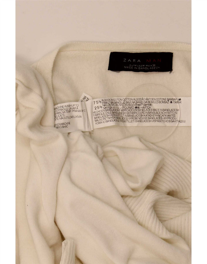 Męski sweter Zara z dekoltem w kształcie litery V, średni, złamanej bieli, bawełniany