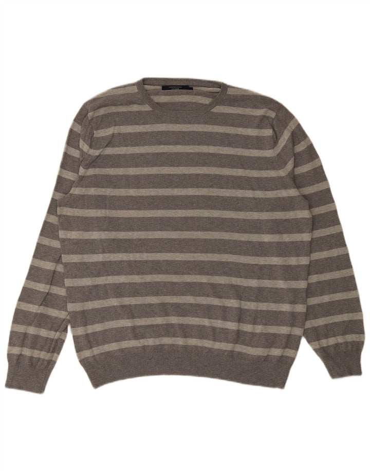 J. Crew Męski sweter z okrągłym dekoltem, duży, szary, bawełniany w paski