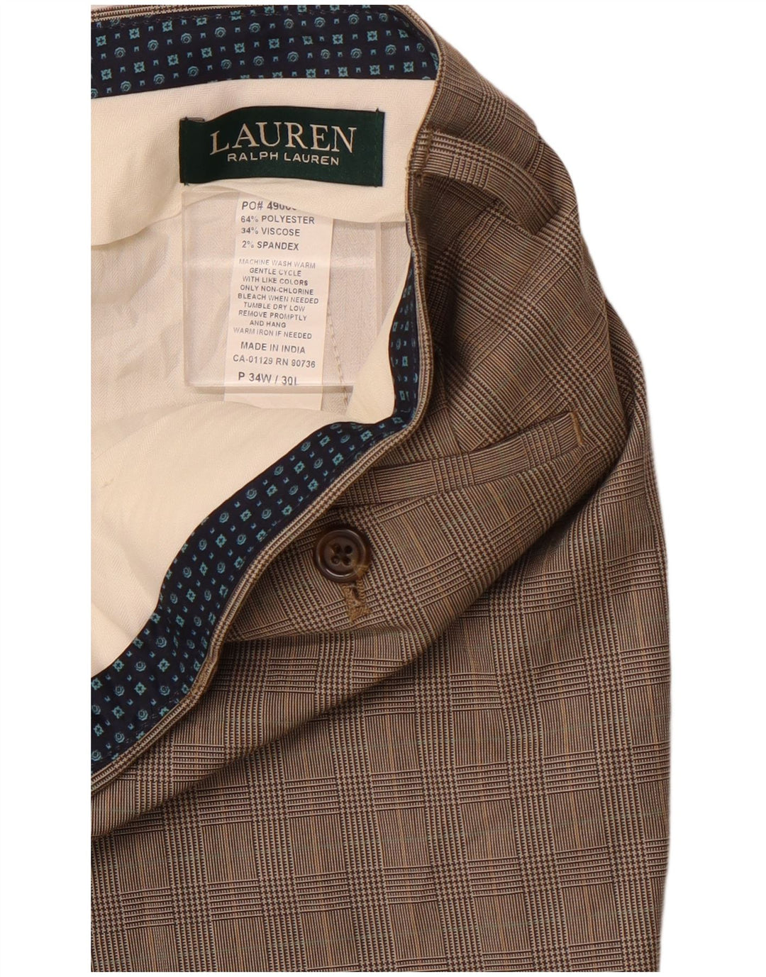 POLO RALPH LAUREN Męskie proste spodnie garniturowe W34 L30 Brązowe pepitkę