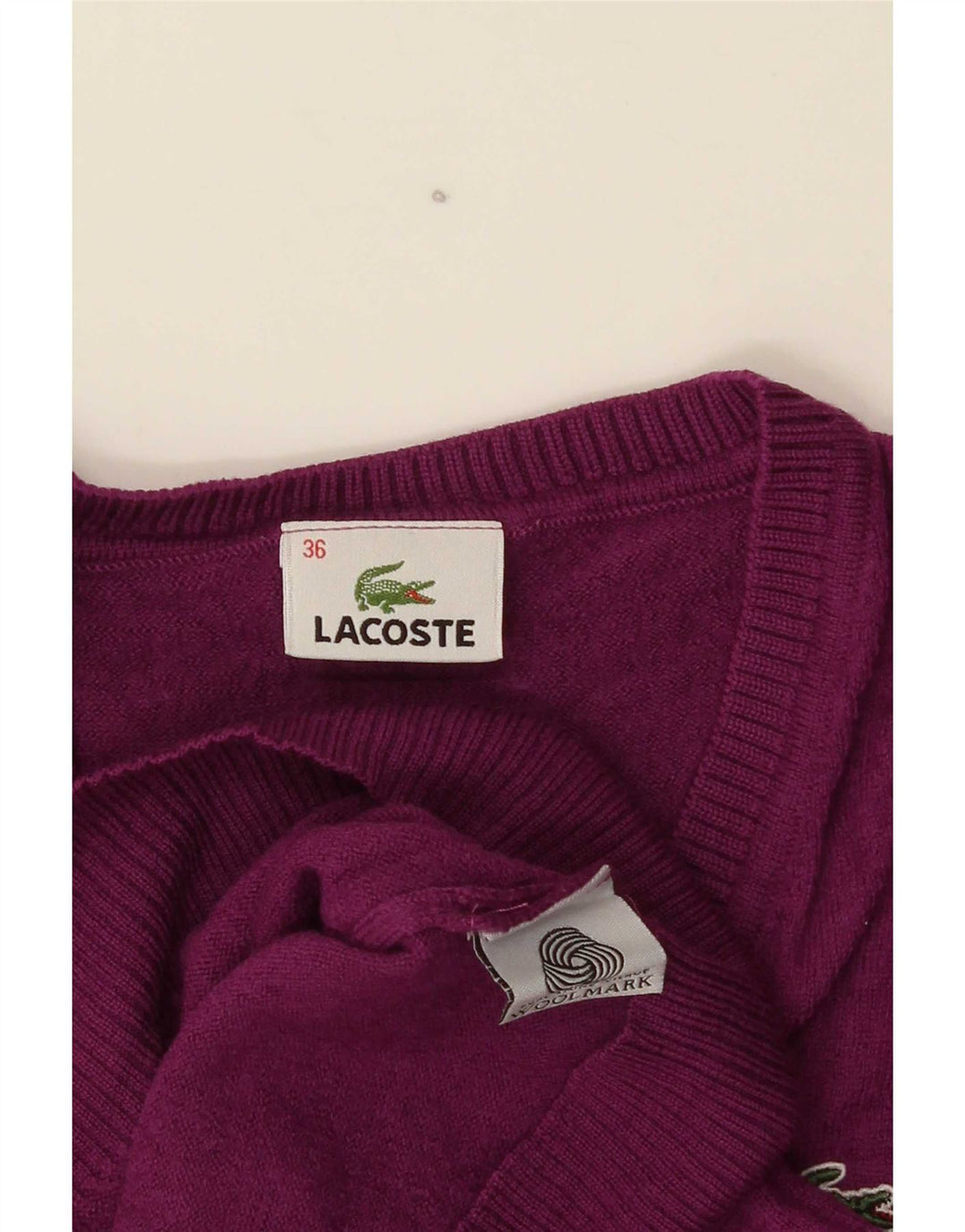 Lacoste Damski sweter z dekoltem w kształcie litery V, rozmiar 36, mała fioletowa wełna