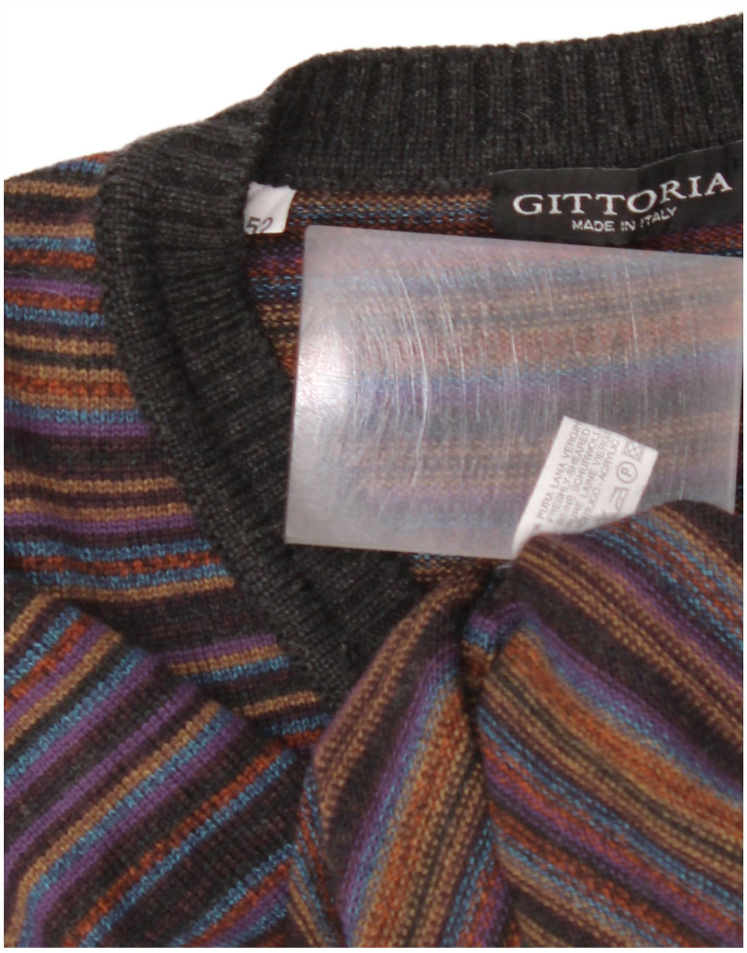 Męski sweter w stylu VINTAGE IT 52 z dużą, wielobarwną wełną w paski