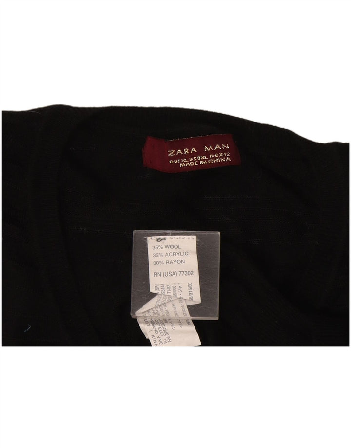 Męski sweter Zara z przezroczystym dekoltem w kształcie litery V, XL, czarna wełna