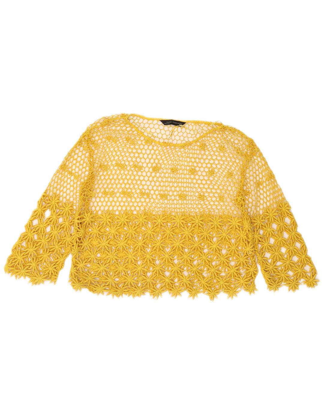 Damski, przezroczysty, szydełkowy top Zara z rękawem 3/4, UK 14, średni żółty