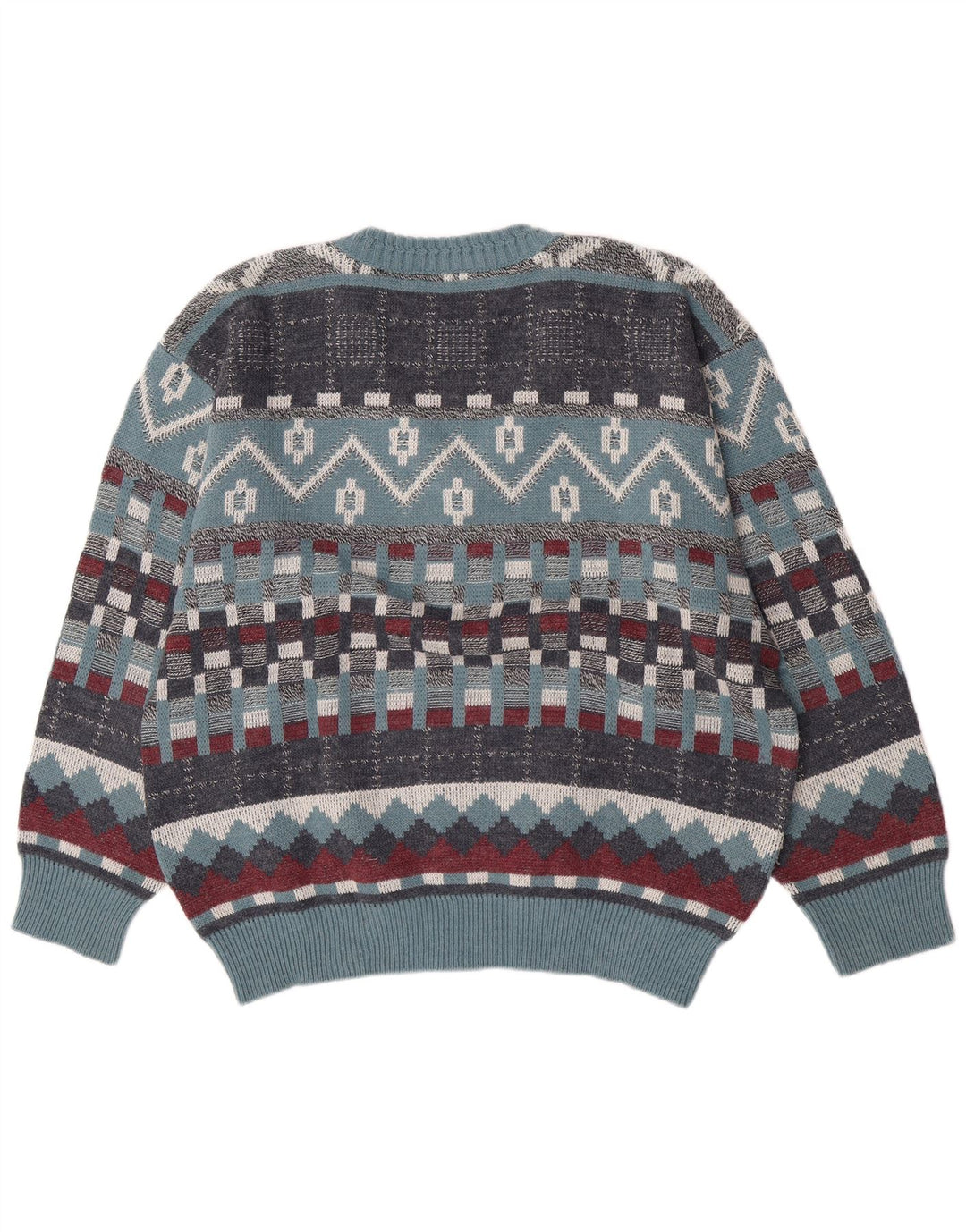 Sweter męski w stylu vintage z dekoltem w szpic, duży, niebieski, geometryczny, wełniany