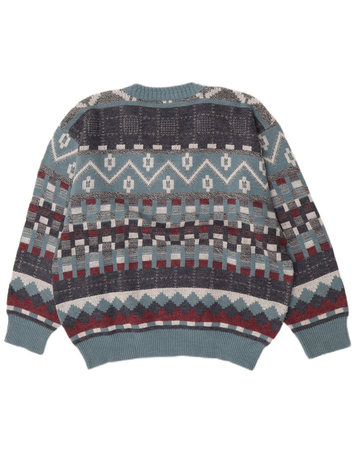Sweter męski w stylu vintage z dekoltem w szpic, duży, niebieski, geometryczny, wełniany