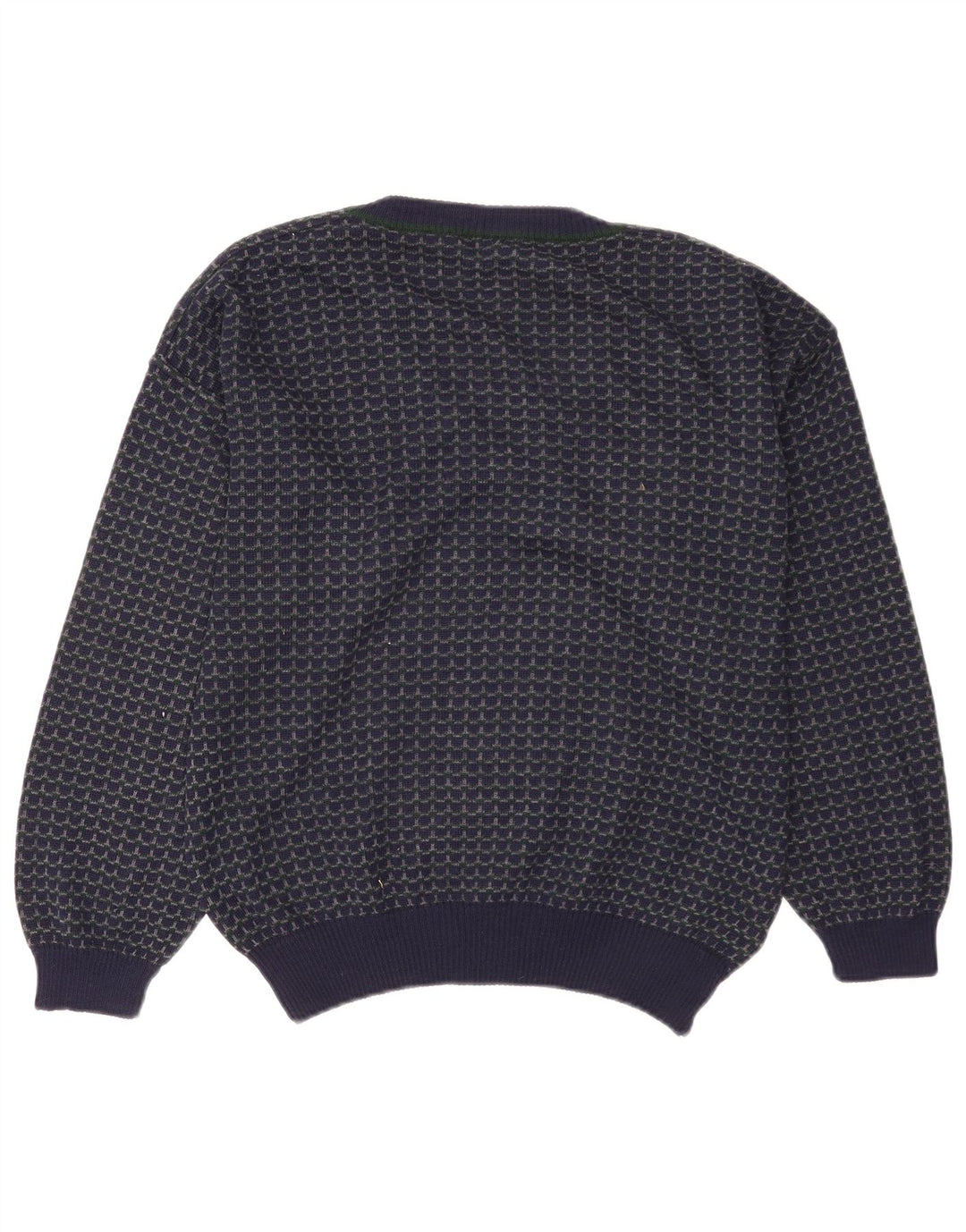 Vintage męski sweter z dekoltem w szpic, duży granatowy, geometryczny wełniany