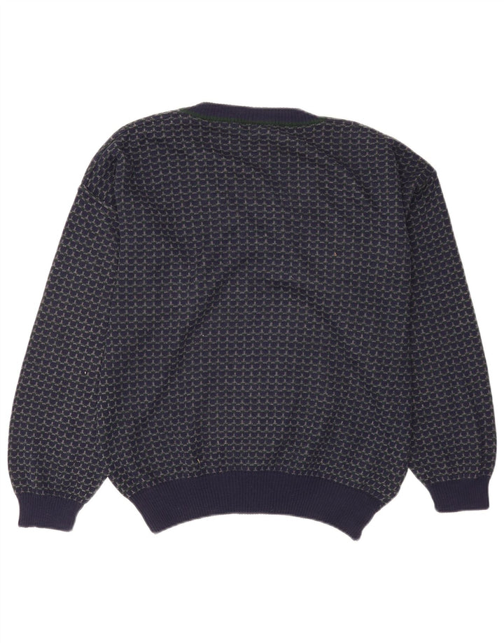 Vintage męski sweter z dekoltem w szpic, duży granatowy, geometryczny wełniany