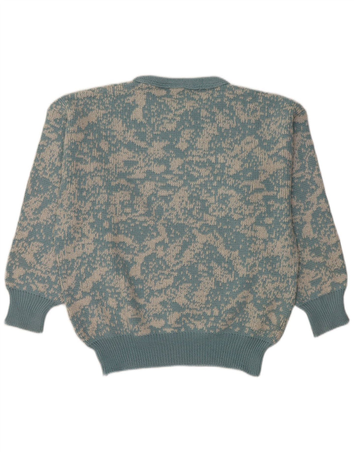 Vintage damski sweter z abstrakcyjnym wzorem i okrągłym dekoltem UK 16, duży niebieski