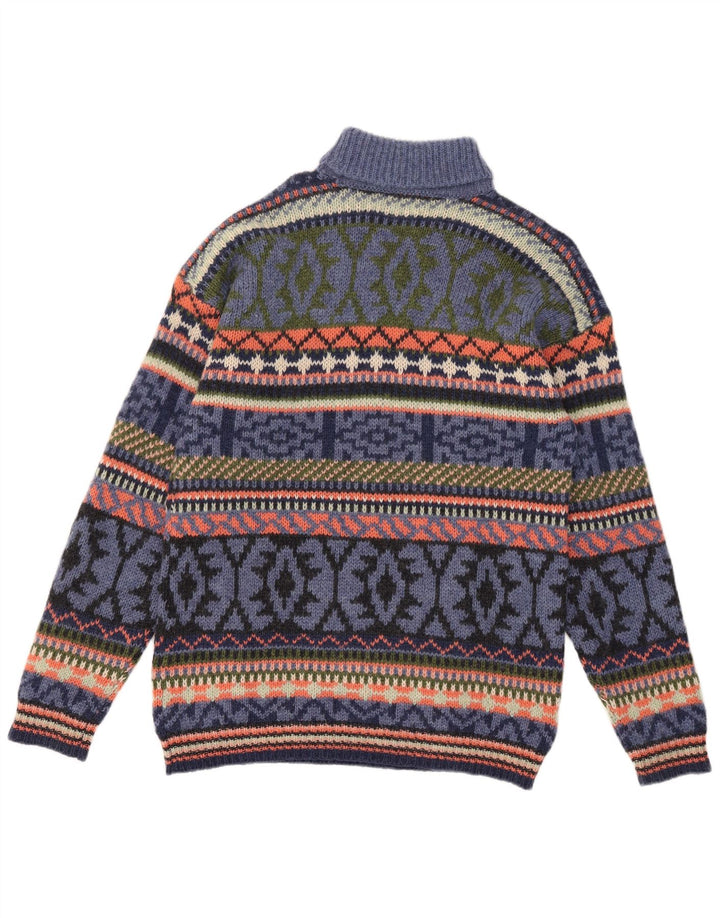 Męski sweter z wywijanym dekoltem S. Moritz, duży, niebieski, wełna Fair Isle