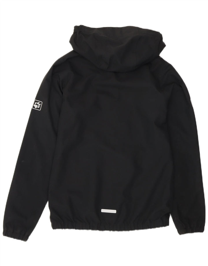 Chłopięca kurtka przeciwdeszczowa Jack Wolfskin z kapturem i grafiką, 11-12 lat, czarna, poliester