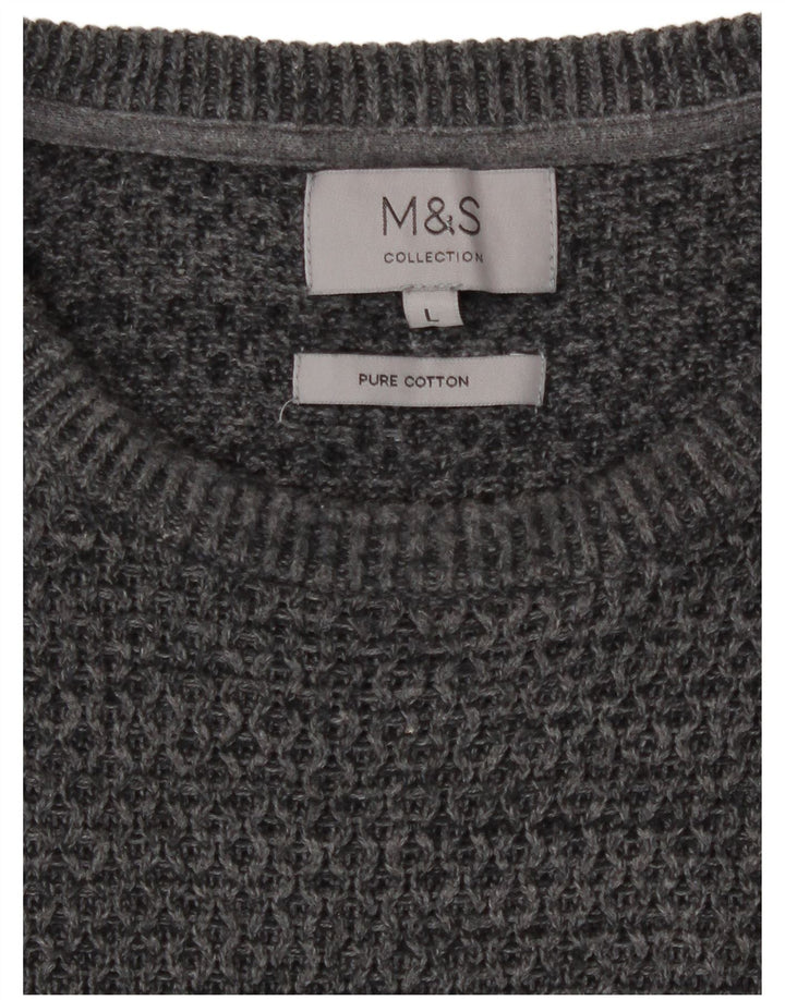Marks & Spencer Męski sweter z okrągłym dekoltem, duży, szary, bawełniany w plamki