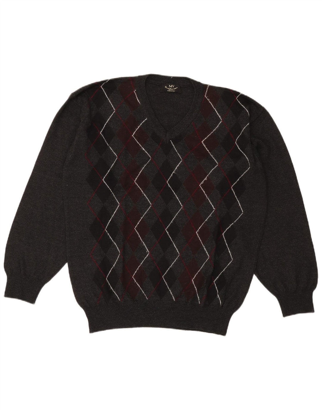 Vintage męski sweter z dekoltem w kształcie litery V XL szary Argyle/diamentowa wełna