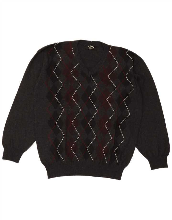 Vintage męski sweter z dekoltem w kształcie litery V XL szary Argyle/diamentowa wełna