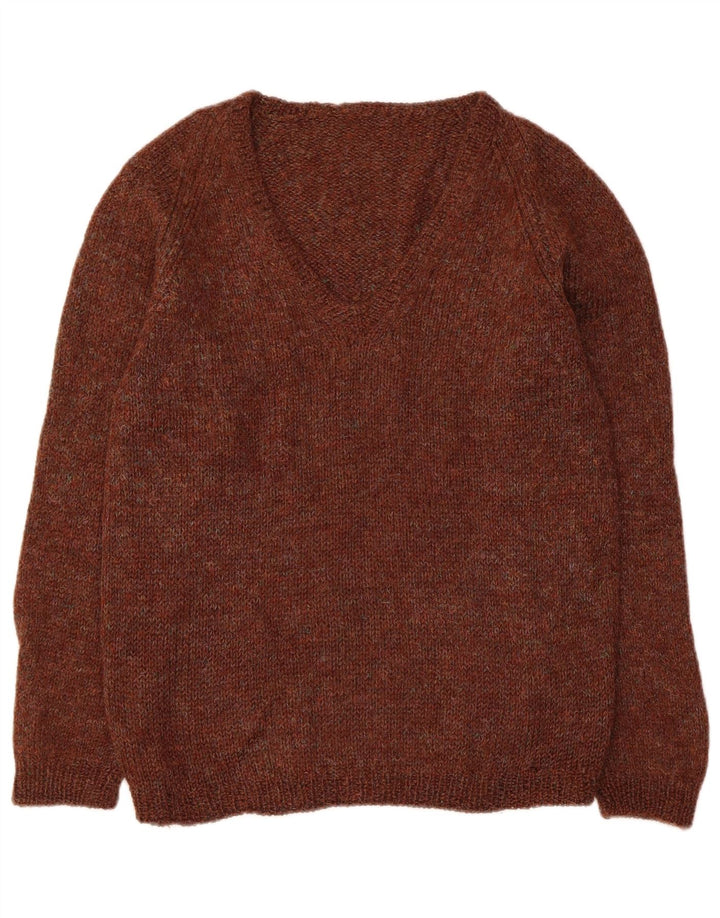 Sweter damski w stylu vintage z dekoltem w kształcie litery V, UK 14, średni brąz nakrapiany