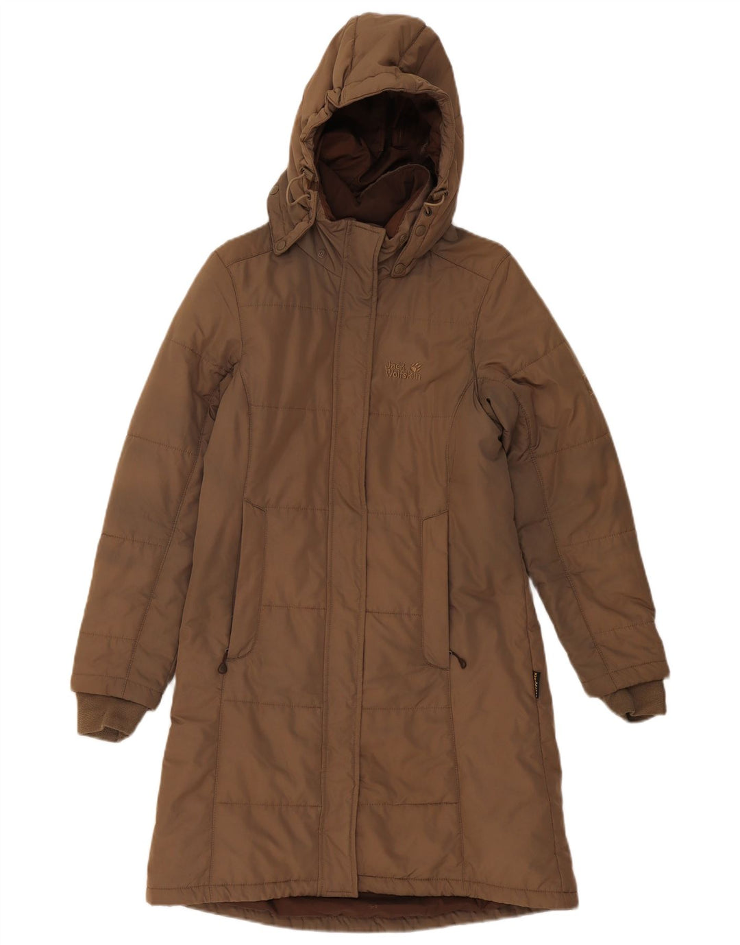 Damski ocieplany płaszcz z kapturem Jack Wolfskin UK 8, mały, brązowy poliester