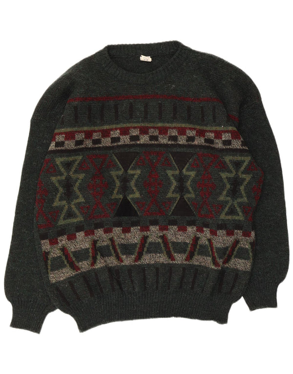 Vintage męski sweter z okrągłym dekoltem, duży, zielony, geometryczny akryl