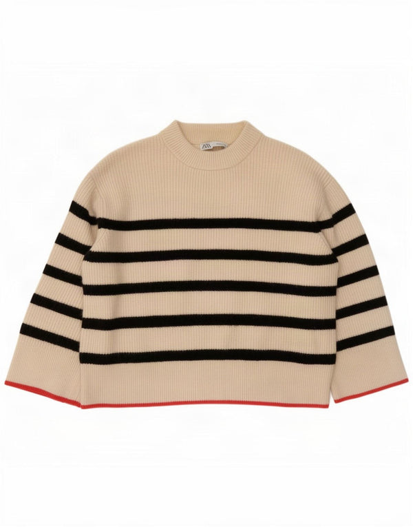 Damski sweter oversize Zara z okrągłym dekoltem UK 14 w średnie beżowe paski