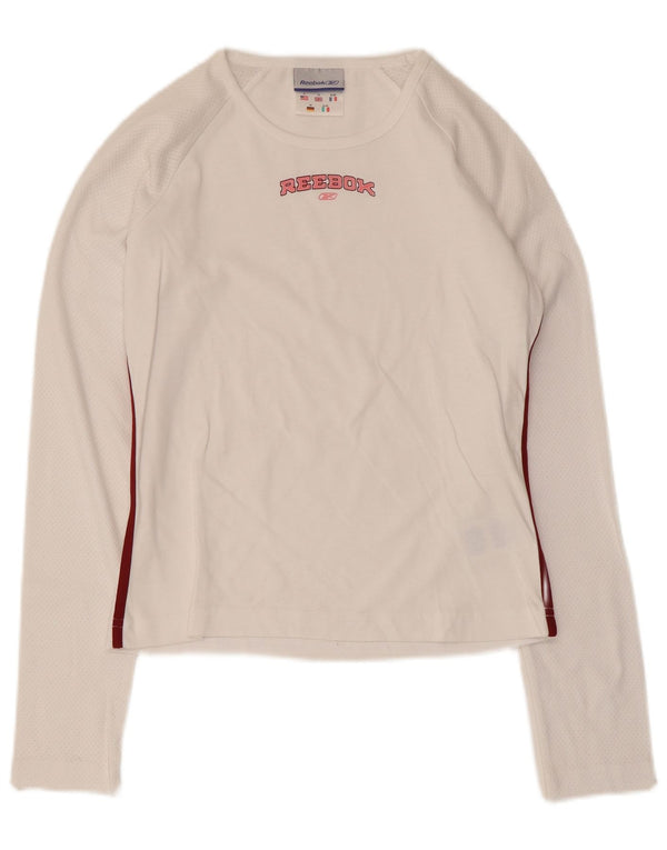 Damski top graficzny Reebok z długim rękawem, UK 10, mały, biały, bawełniany