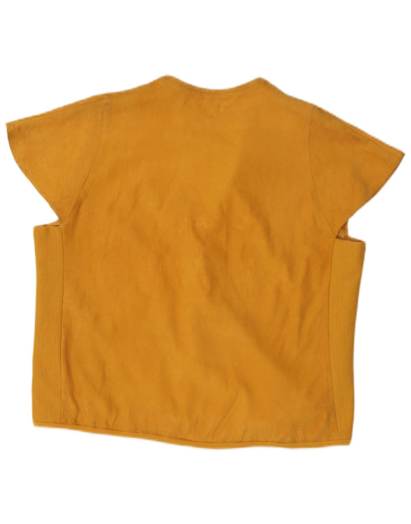 VINTAGE Womens Suede Short Sleeve Shirt Blouse UK 16 Large Yellow Floral