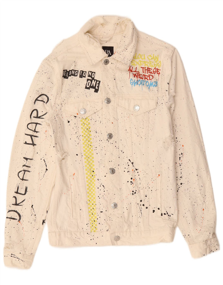 Męska kurtka dżinsowa Zara Graphic UK 36 Small White Flecked Cotton