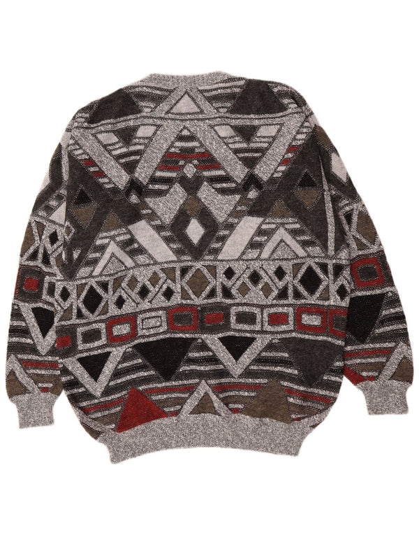 Vintage męski sweter z okrągłym dekoltem UK 38/40 średnio szary geometryczny