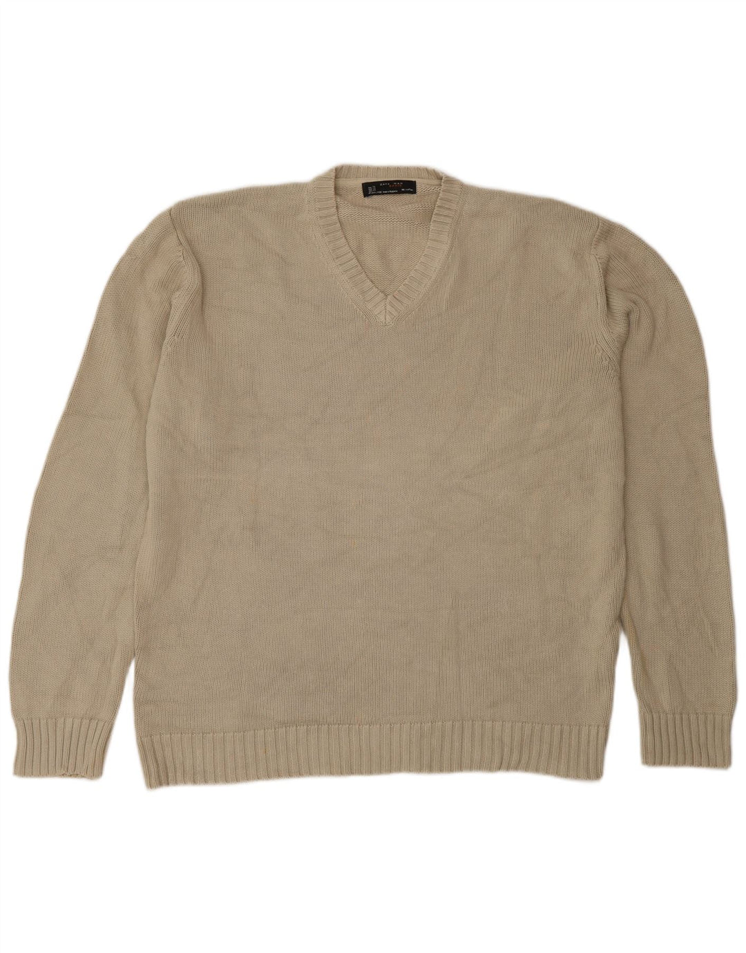 Zara Męski sweter z dekoltem w kształcie litery V, XL, beżowy, bawełniany