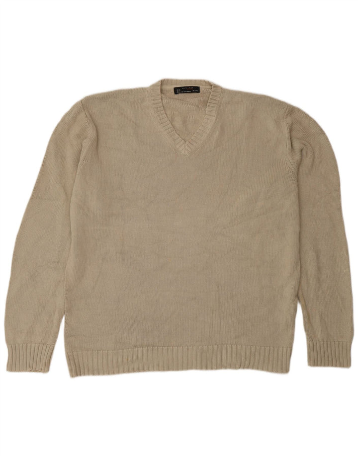 Zara Męski sweter z dekoltem w kształcie litery V, XL, beżowy, bawełniany