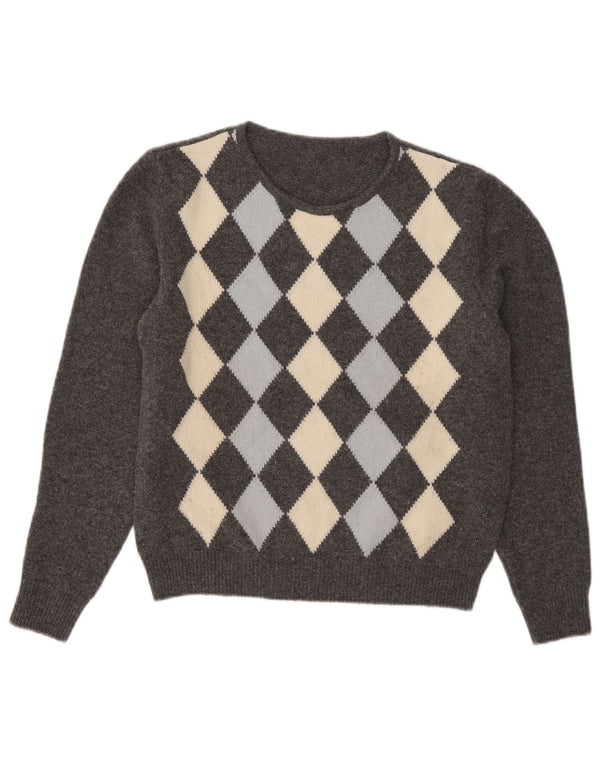 Damski sweter z okrągłym dekoltem VINTAGE UK 14 Średni szary Argyle/Diament