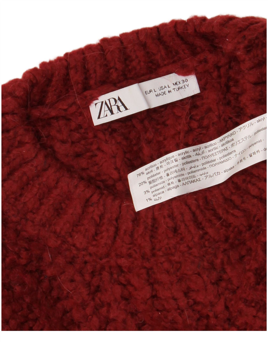 Damski sweter oversize ZARA z okrągłym dekoltem UK 16, duży, czerwony akryl