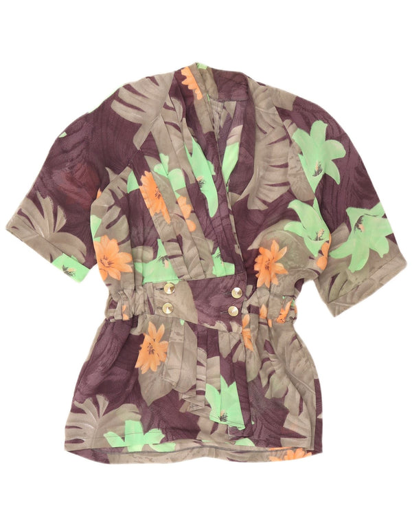 Vintage damska marynarka dwurzędowa UK 16, duża, szara, w kwiaty