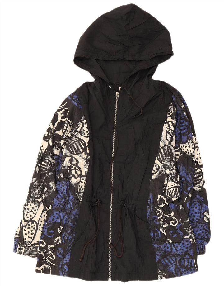 Vintage damska kurtka parka z kapturem w abstrakcyjny wzór EU 38 średnia czarna
