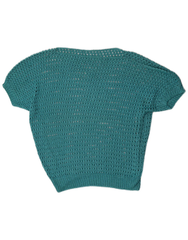 Vintage damski sweter z krótkim rękawem i dekoltem w łódkę UK 16, duży niebieski