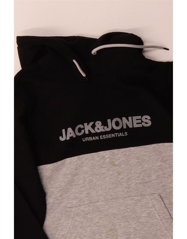 JACK & JONES Męski sweter z kapturem i grafiką, mały, czarny, bawełniany w bloki kolorów