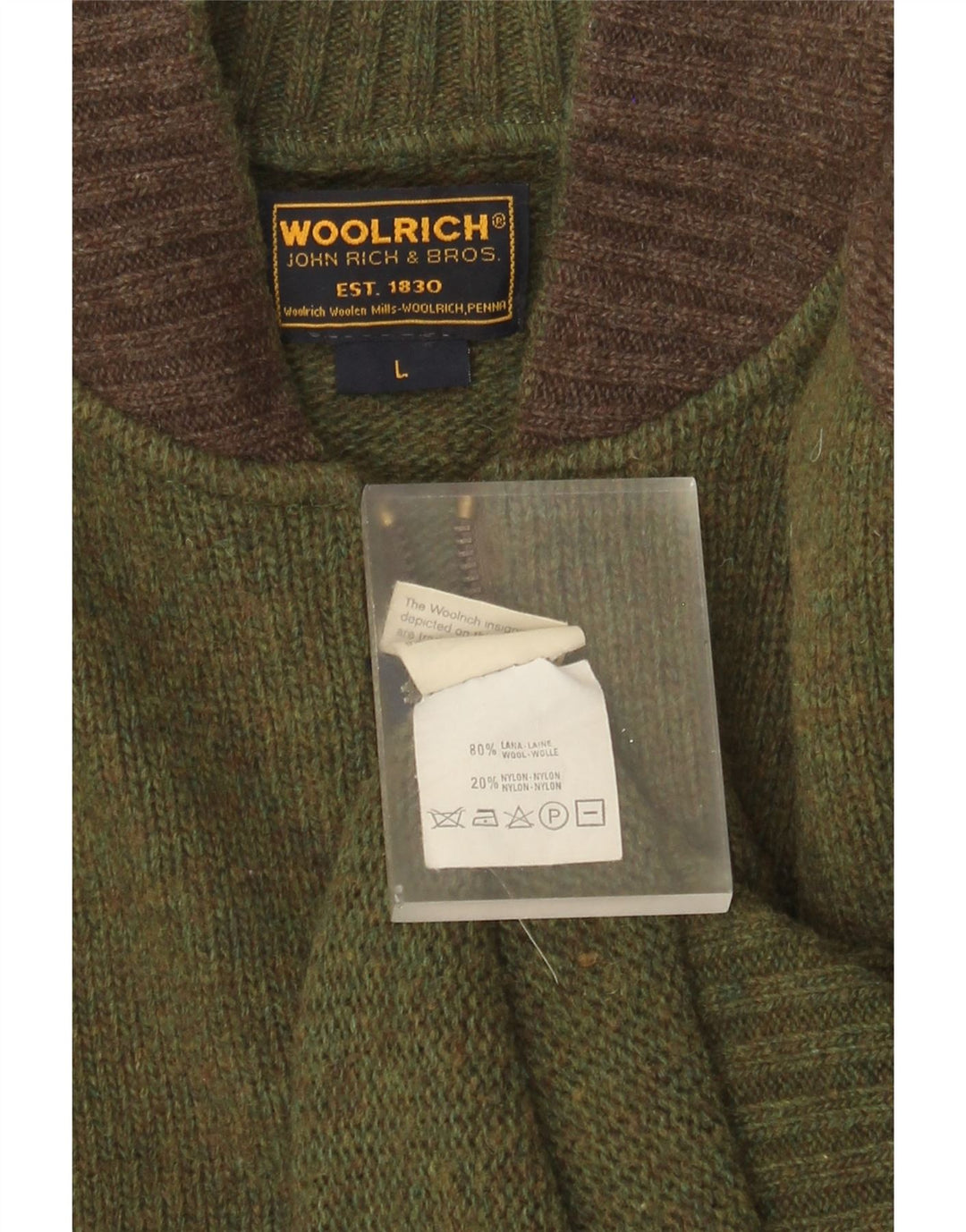 Woolrich Męski sweter z grafiką, duży, zielony, wełniany blok kolorów