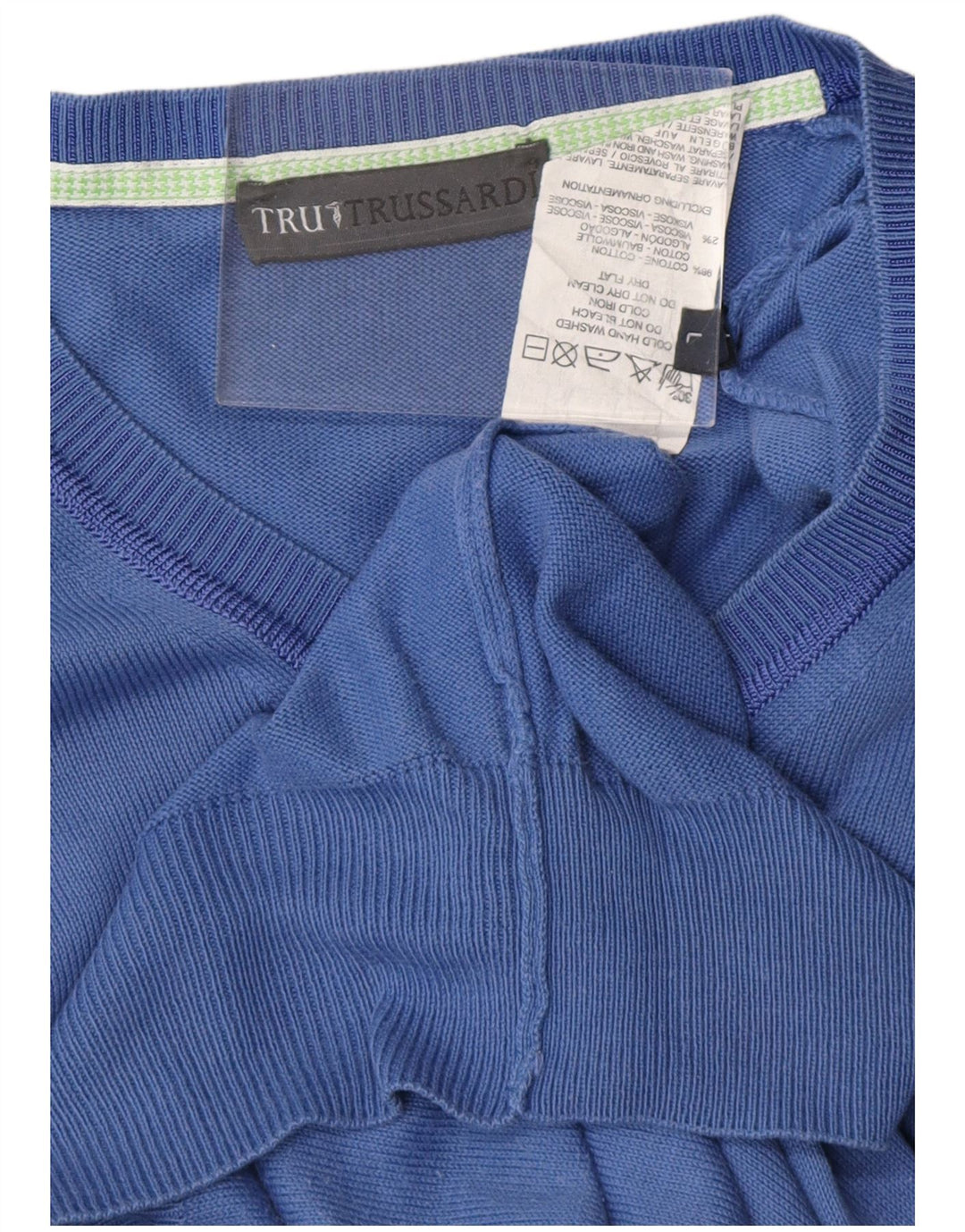 Męski sweter TRUSSARDI z dekoltem w kształcie litery V, duży, niebieski, bawełniany