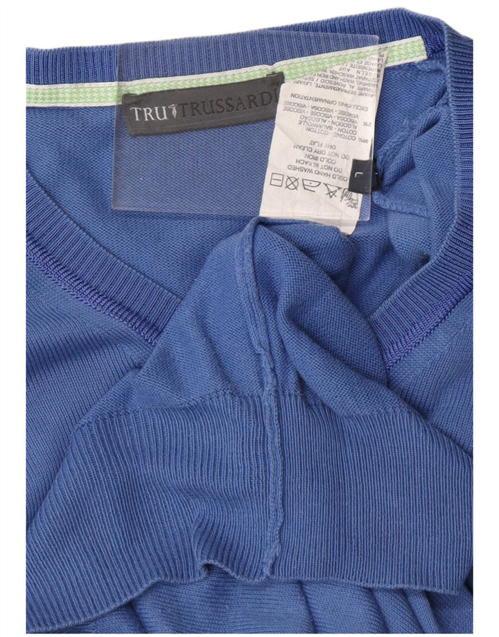 Męski sweter TRUSSARDI z dekoltem w kształcie litery V, duży, niebieski, bawełniany